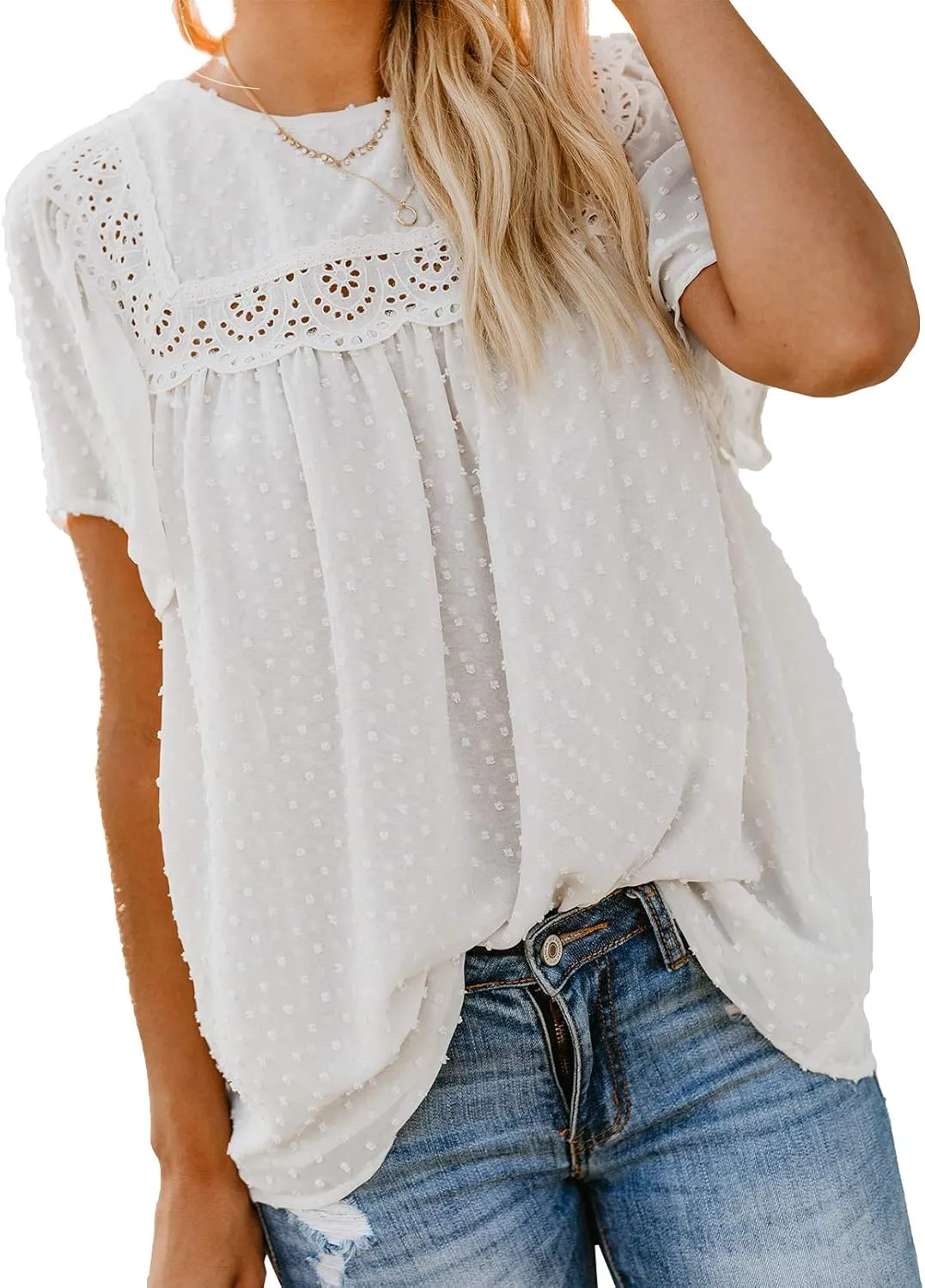 Dokotoo Womens Crewneck Lace Crochet Pom Pom Flowy Short Sleeve Casual Shirts Blouses Tops