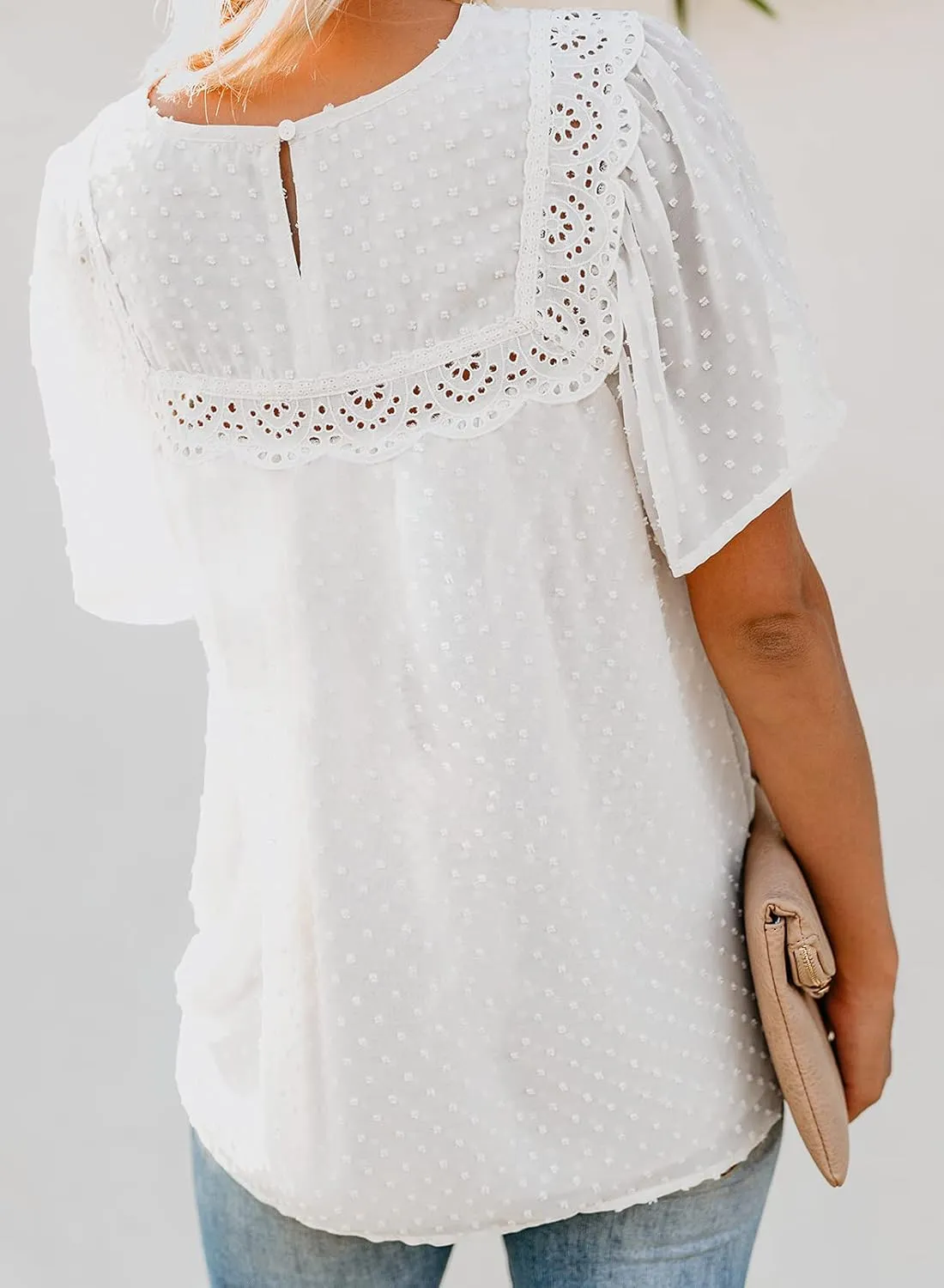 Dokotoo Womens Crewneck Lace Crochet Pom Pom Flowy Short Sleeve Casual Shirts Blouses Tops