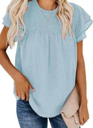 Dokotoo Womens Crewneck Lace Crochet Pom Pom Flowy Short Sleeve Casual Shirts Blouses Tops