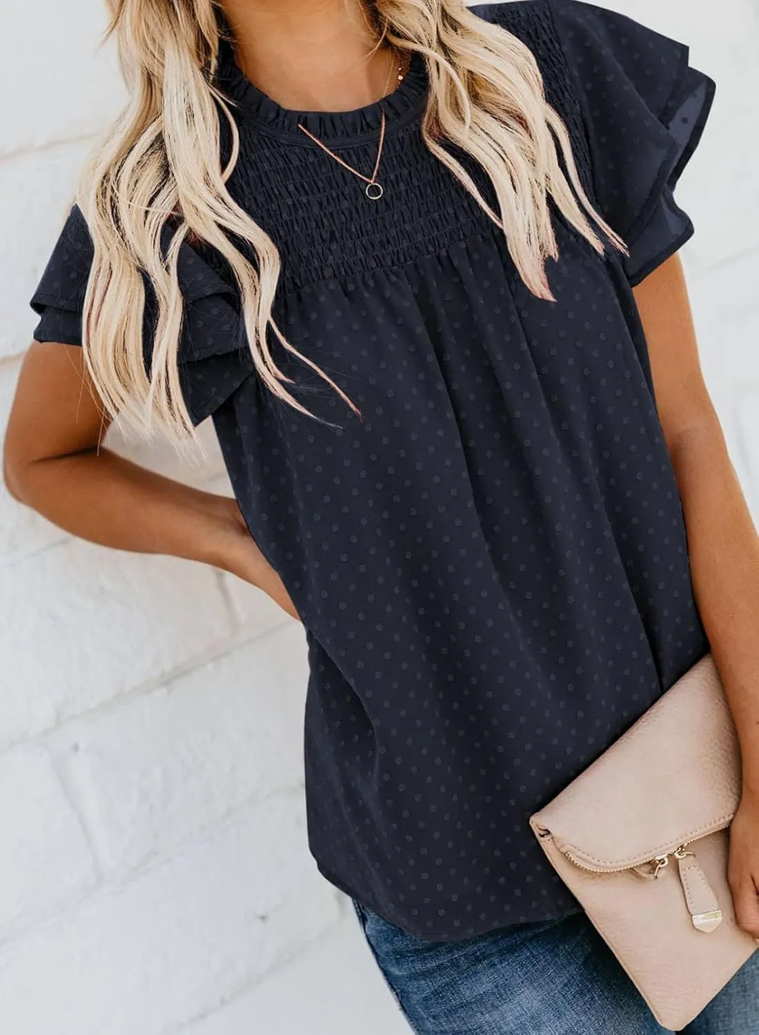 Dokotoo Womens Crewneck Lace Crochet Pom Pom Flowy Short Sleeve Casual Shirts Blouses Tops