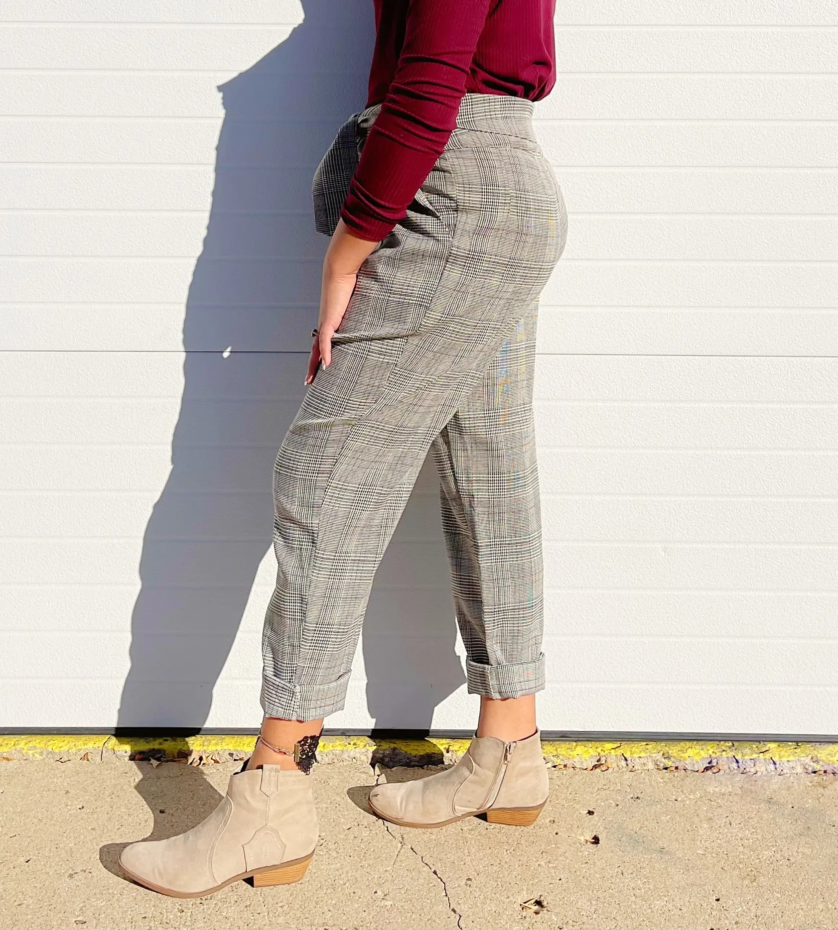 EE:SOME- Self Tie High Waisted Plaid Pants