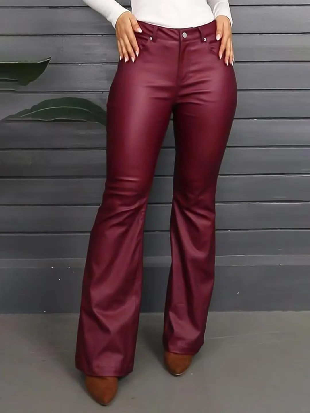 Flamingals Bootcut PU Leather High Waist Flare Legs Vintage Pocket Pants Winter Trendy