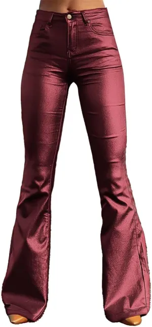 Flamingals Bootcut PU Leather High Waist Flare Legs Vintage Pocket Pants Winter Trendy
