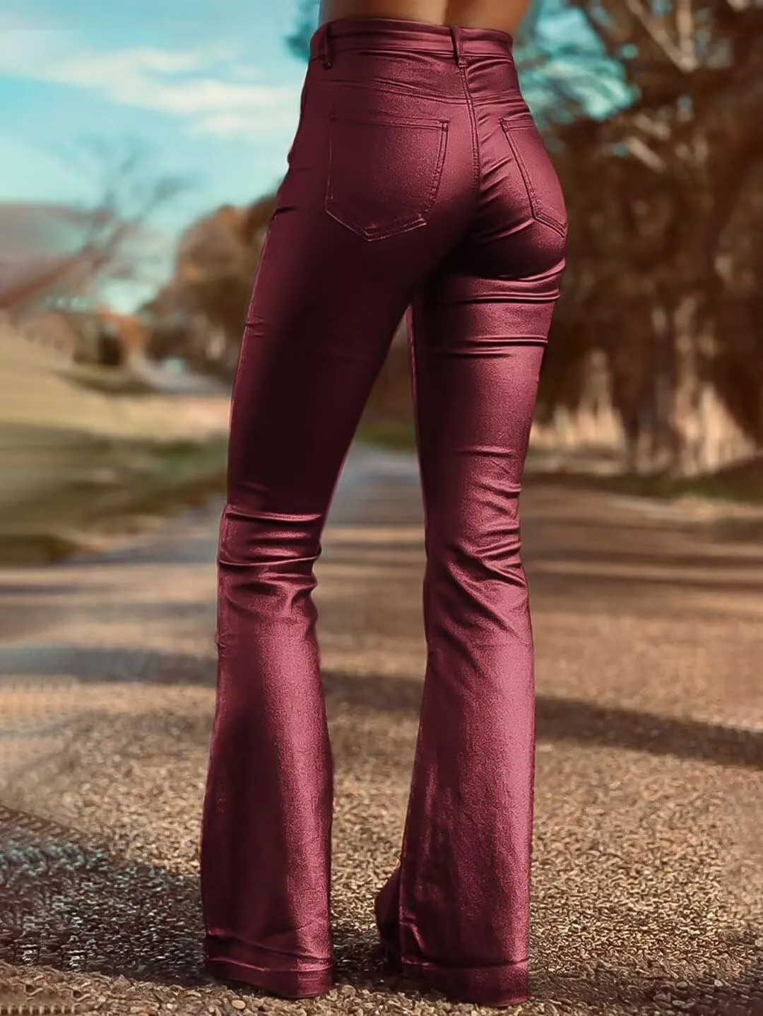 Flamingals Bootcut PU Leather High Waist Flare Legs Vintage Pocket Pants Winter Trendy