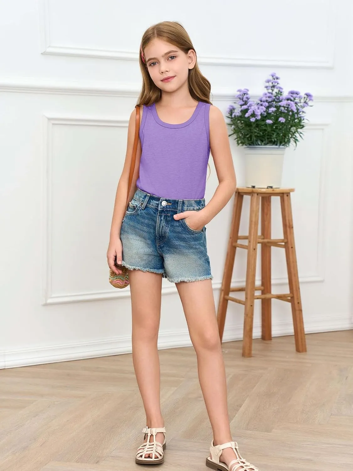 Haloumoning Girls Tank Tops Kids Summer Crewneck Sleeveless Shirts Dancewear 5-14 Years