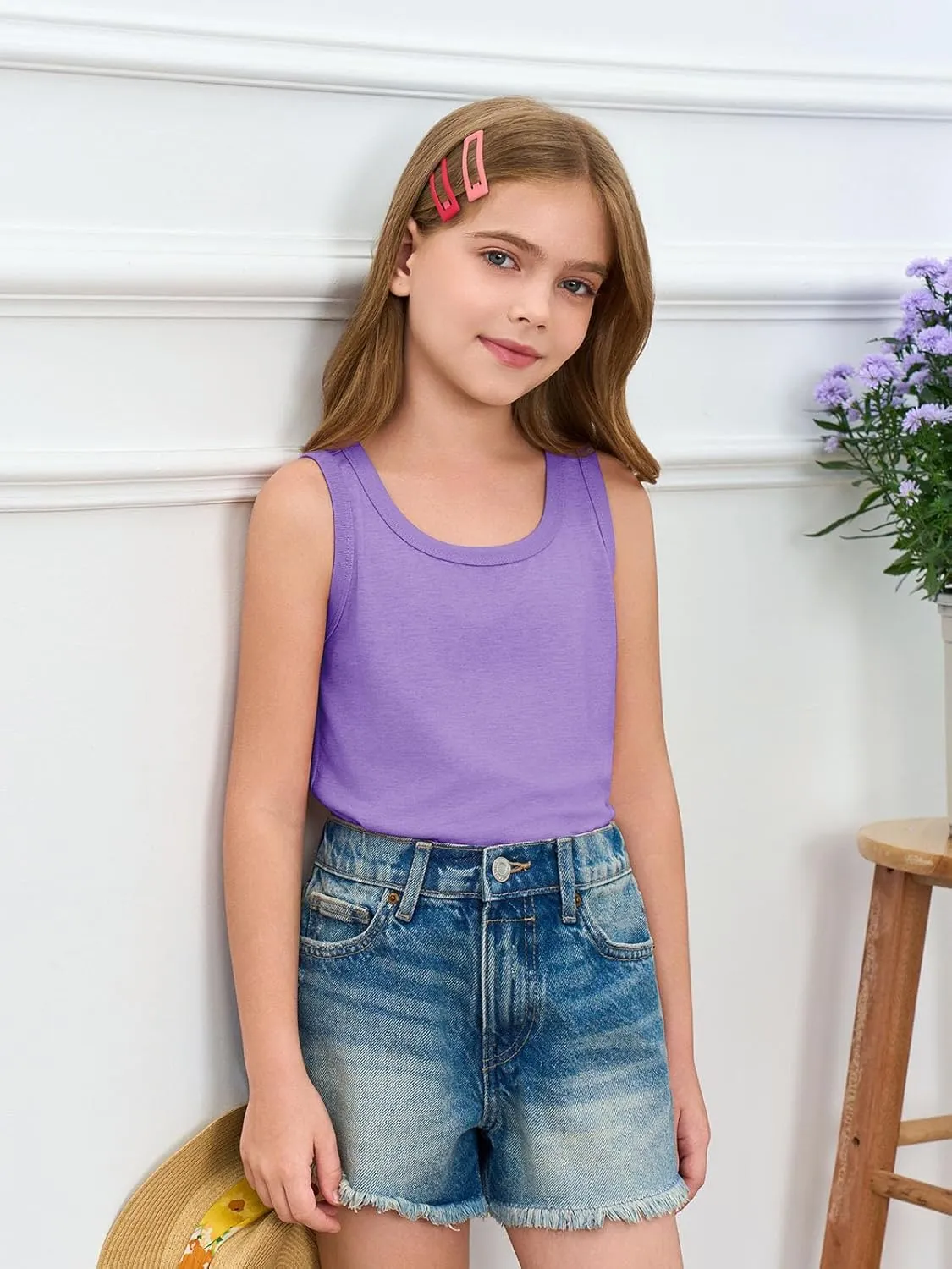 Haloumoning Girls Tank Tops Kids Summer Crewneck Sleeveless Shirts Dancewear 5-14 Years