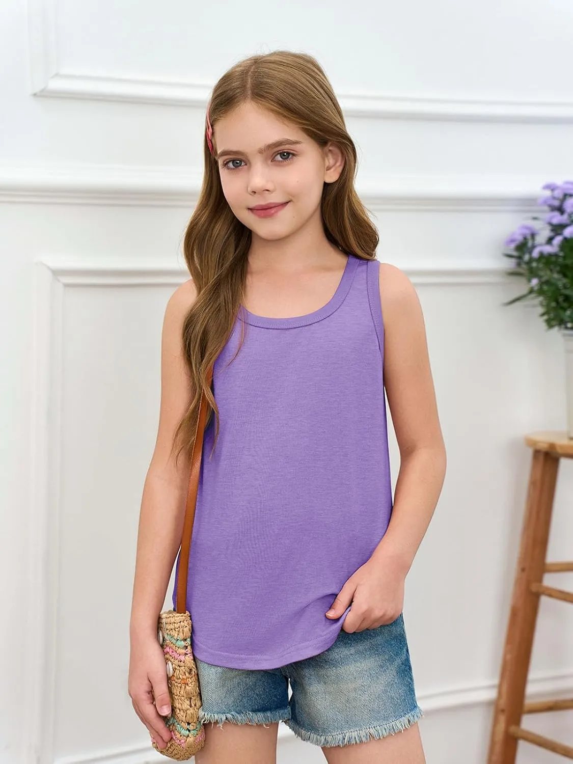 Haloumoning Girls Tank Tops Kids Summer Crewneck Sleeveless Shirts Dancewear 5-14 Years