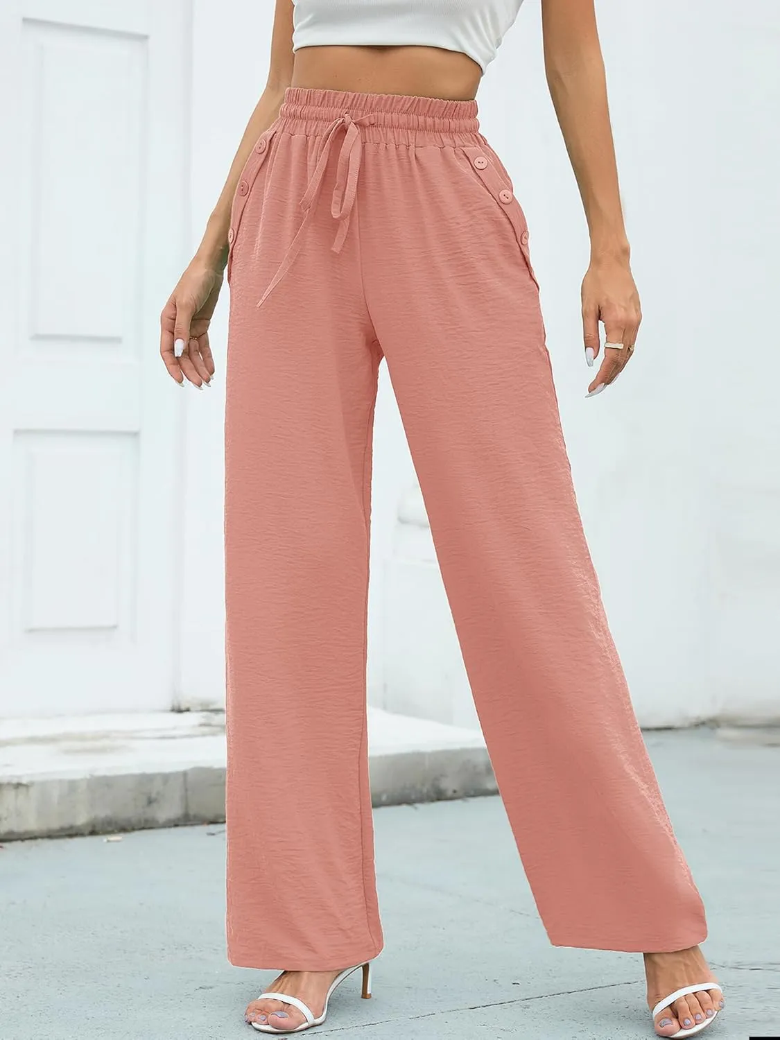 Heymoments Women's Wide Leg Lounge Pants Lightweight High Waisted Adjustable Tie Knot Loose Fit Trousers with Pockets