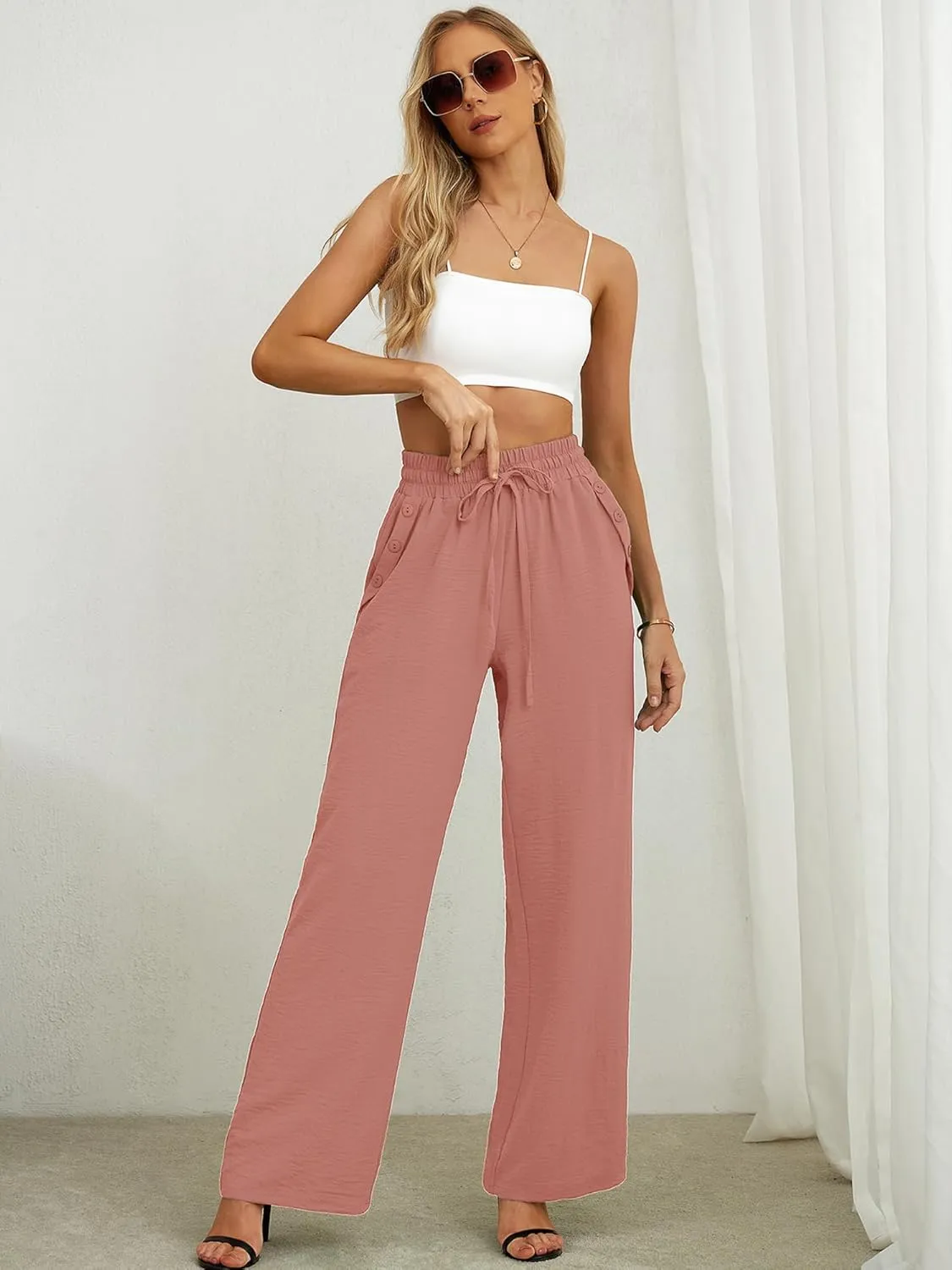 Heymoments Women's Wide Leg Lounge Pants Lightweight High Waisted Adjustable Tie Knot Loose Fit Trousers with Pockets