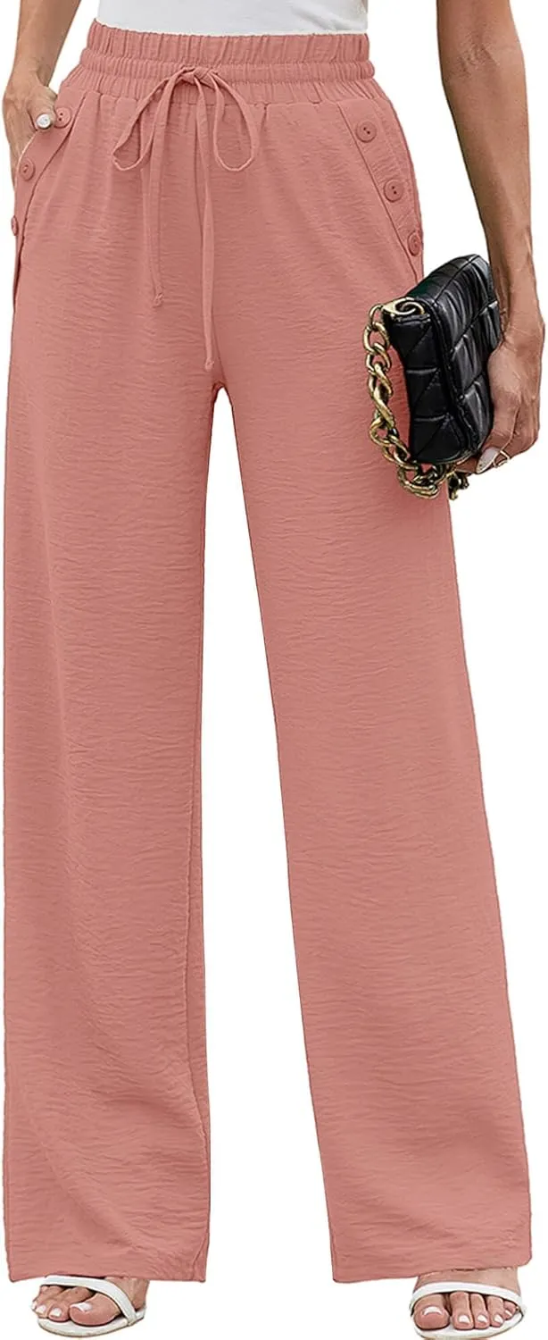 Heymoments Women's Wide Leg Lounge Pants Lightweight High Waisted Adjustable Tie Knot Loose Fit Trousers with Pockets