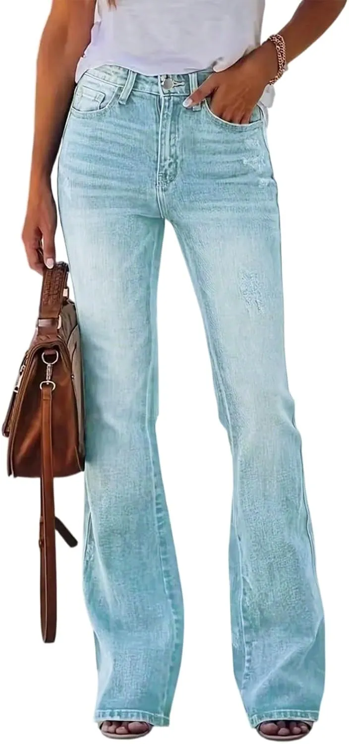 High Waisted Bootcut Jeans for Women Skinny Distressed Ripped Flare Jeans Curvy Denim Bell Bottom Pants with Pockets