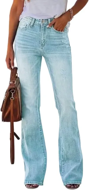 High Waisted Bootcut Jeans for Women Skinny Distressed Ripped Flare Jeans Curvy Denim Bell Bottom Pants with Pockets