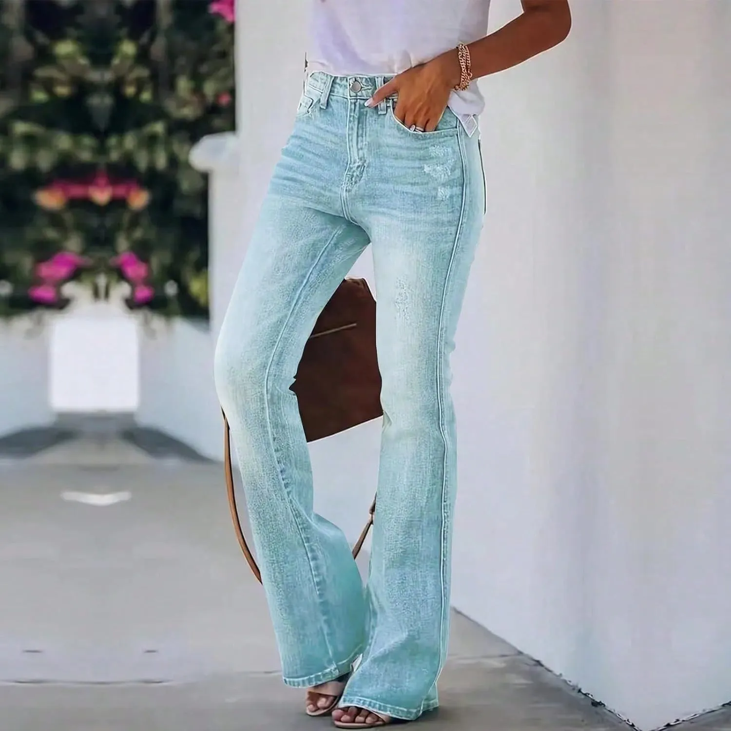 High Waisted Bootcut Jeans for Women Skinny Distressed Ripped Flare Jeans Curvy Denim Bell Bottom Pants with Pockets