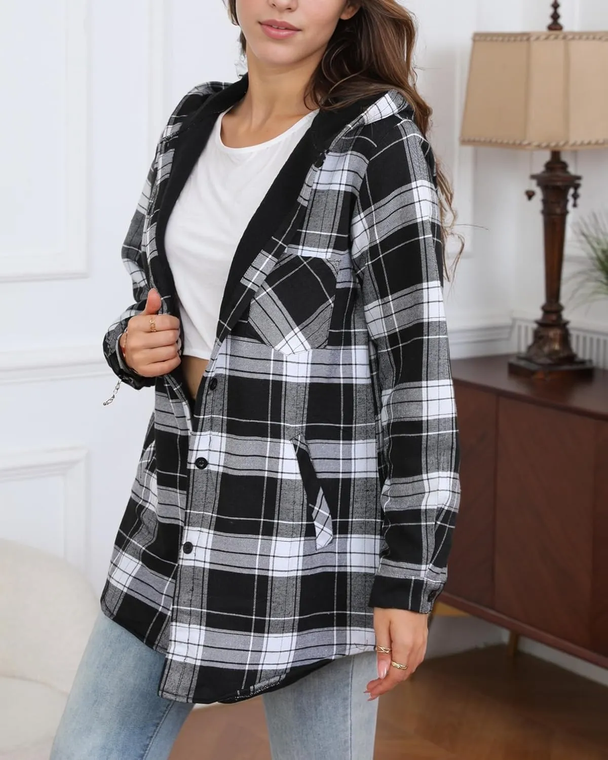 HOTOUCH Women Flannel Fleece Shacket Jacket Plaid Button Down Long Sleeve Shirt 2024 Fall Winter Outfits Clothes with Hooded