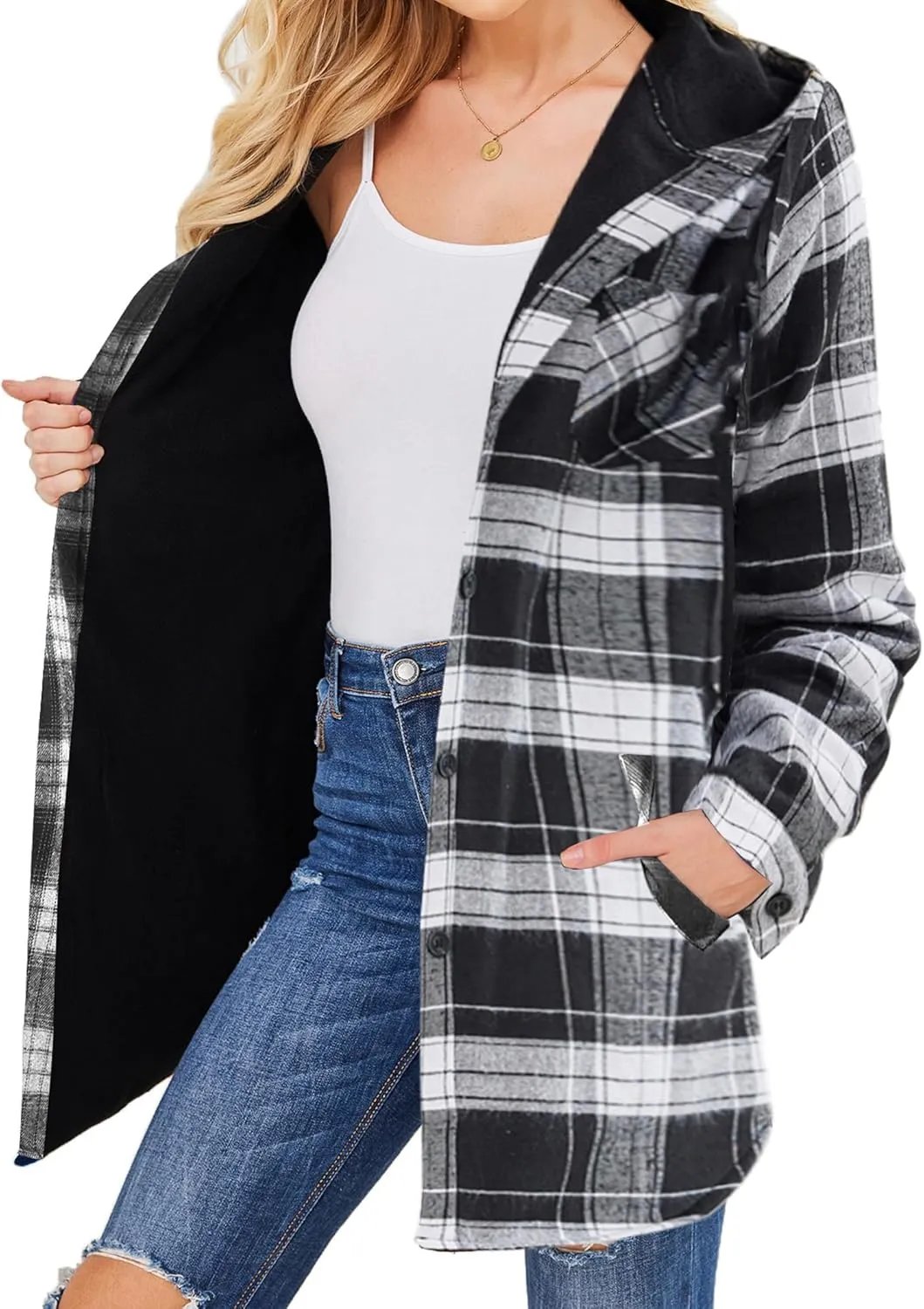 HOTOUCH Women Flannel Fleece Shacket Jacket Plaid Button Down Long Sleeve Shirt 2024 Fall Winter Outfits Clothes with Hooded