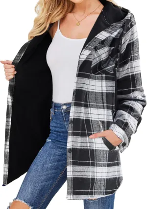 HOTOUCH Women Flannel Fleece Shacket Jacket Plaid Button Down Long Sleeve Shirt 2024 Fall Winter Outfits Clothes with Hooded