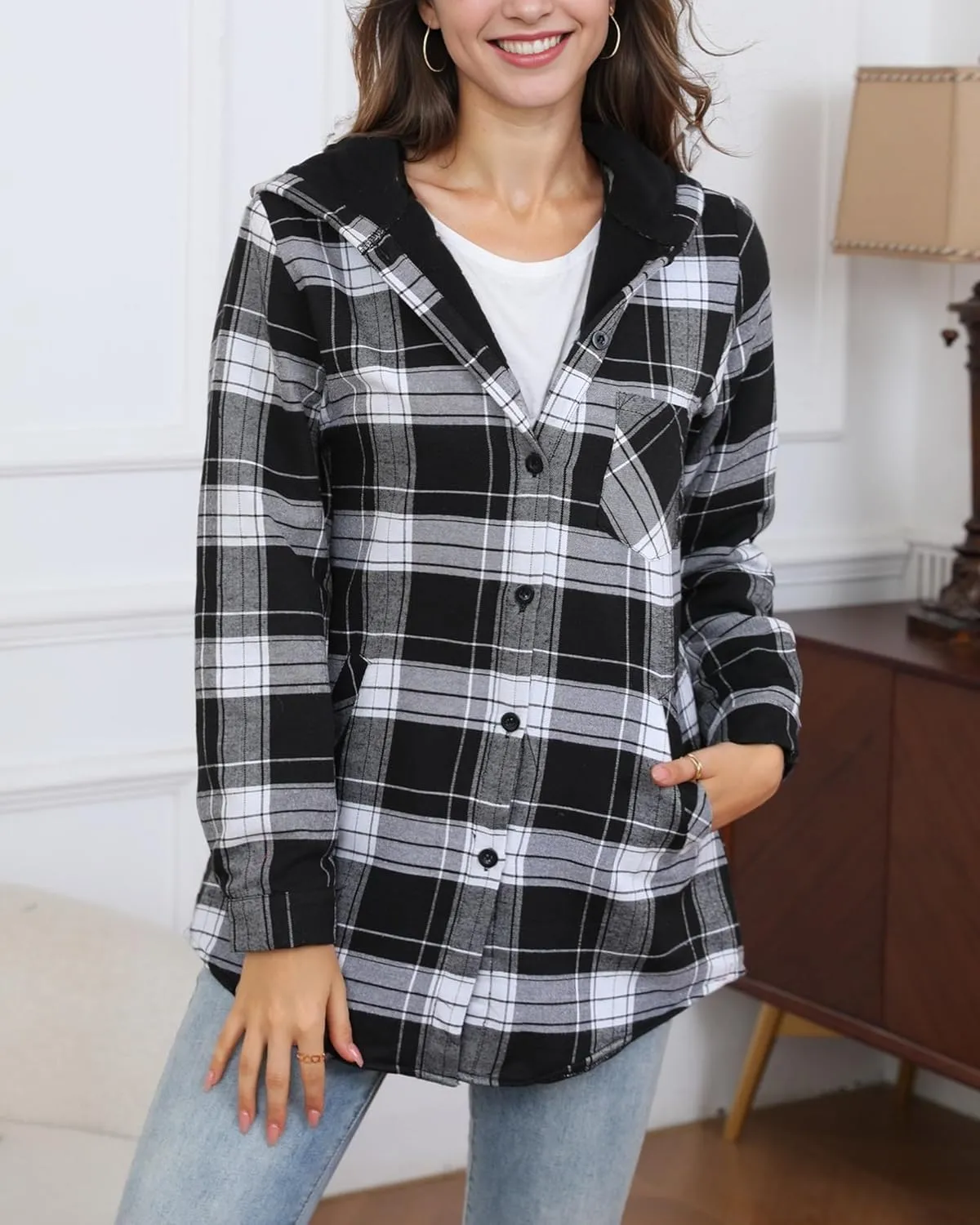 HOTOUCH Women Flannel Fleece Shacket Jacket Plaid Button Down Long Sleeve Shirt 2024 Fall Winter Outfits Clothes with Hooded