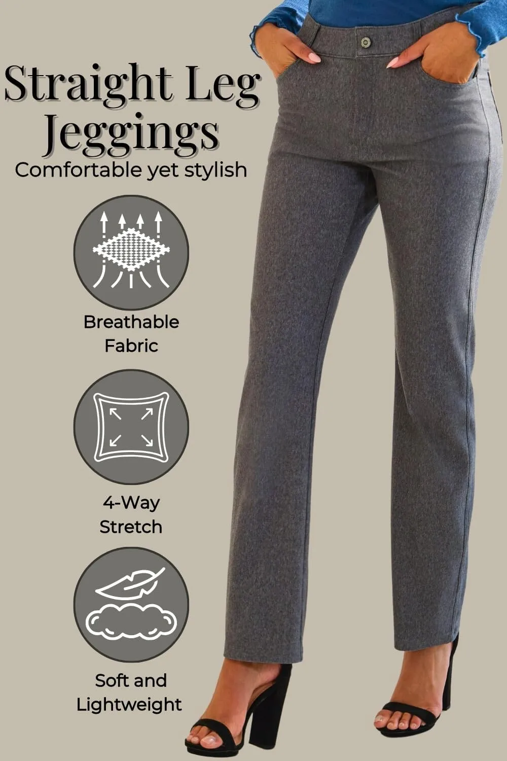 ICONOFLASH Women's Stretch Jeggings with 4 Pocket Pull On Straight Leg Jean Leggings with Belt Loops (Available in Plus Size)