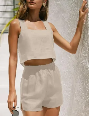 IDEALSANXUN Womens Linen Crop Tank Tops Summer Cute Sleeveless Square Neck Loose Fit Shirts Blouses
