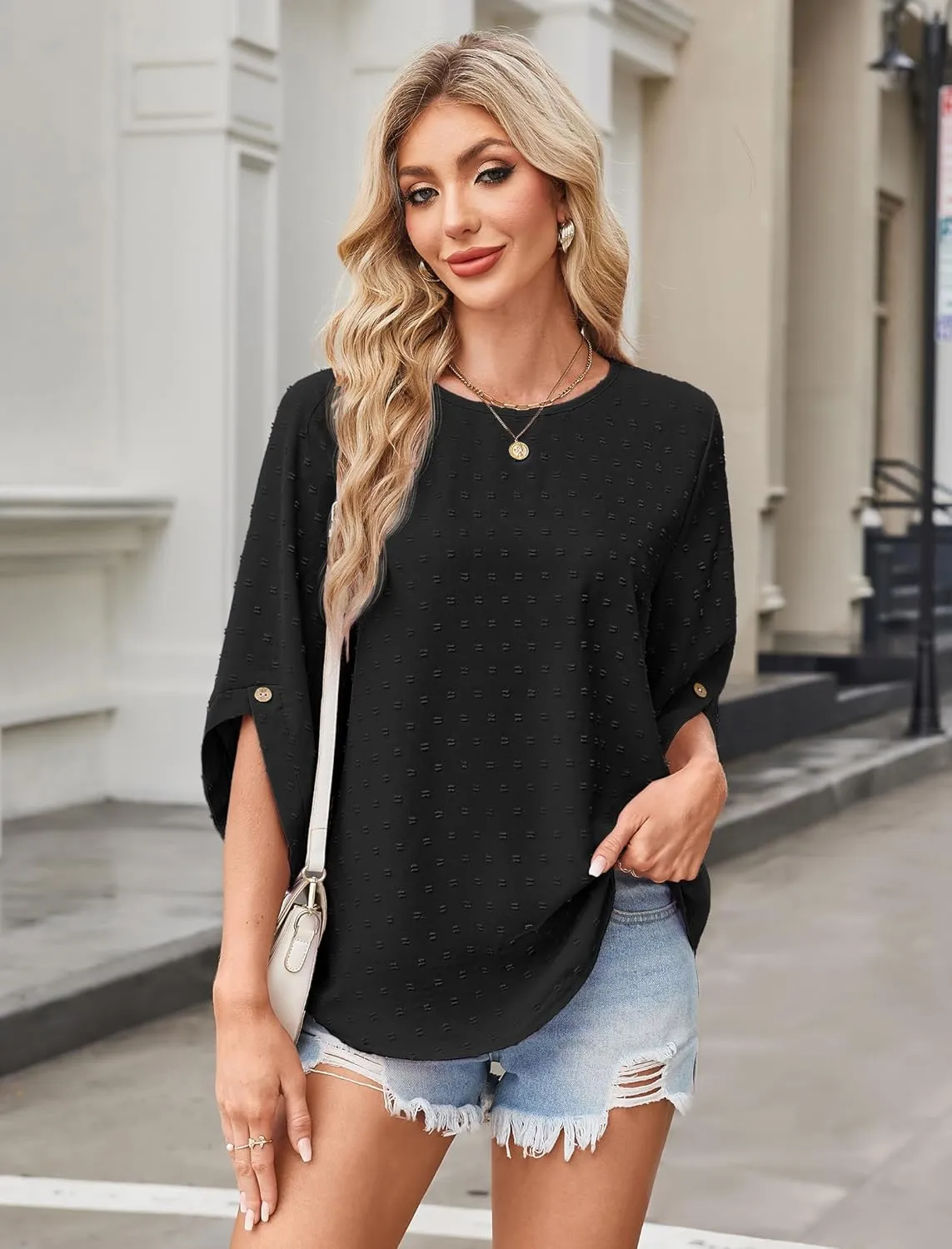 JUSTFASHIONNOW Womens Tops Dressy Casual 3/4 Sleeve Blouses Summer Tops 2025 Trendy Swiss Dots Shirts