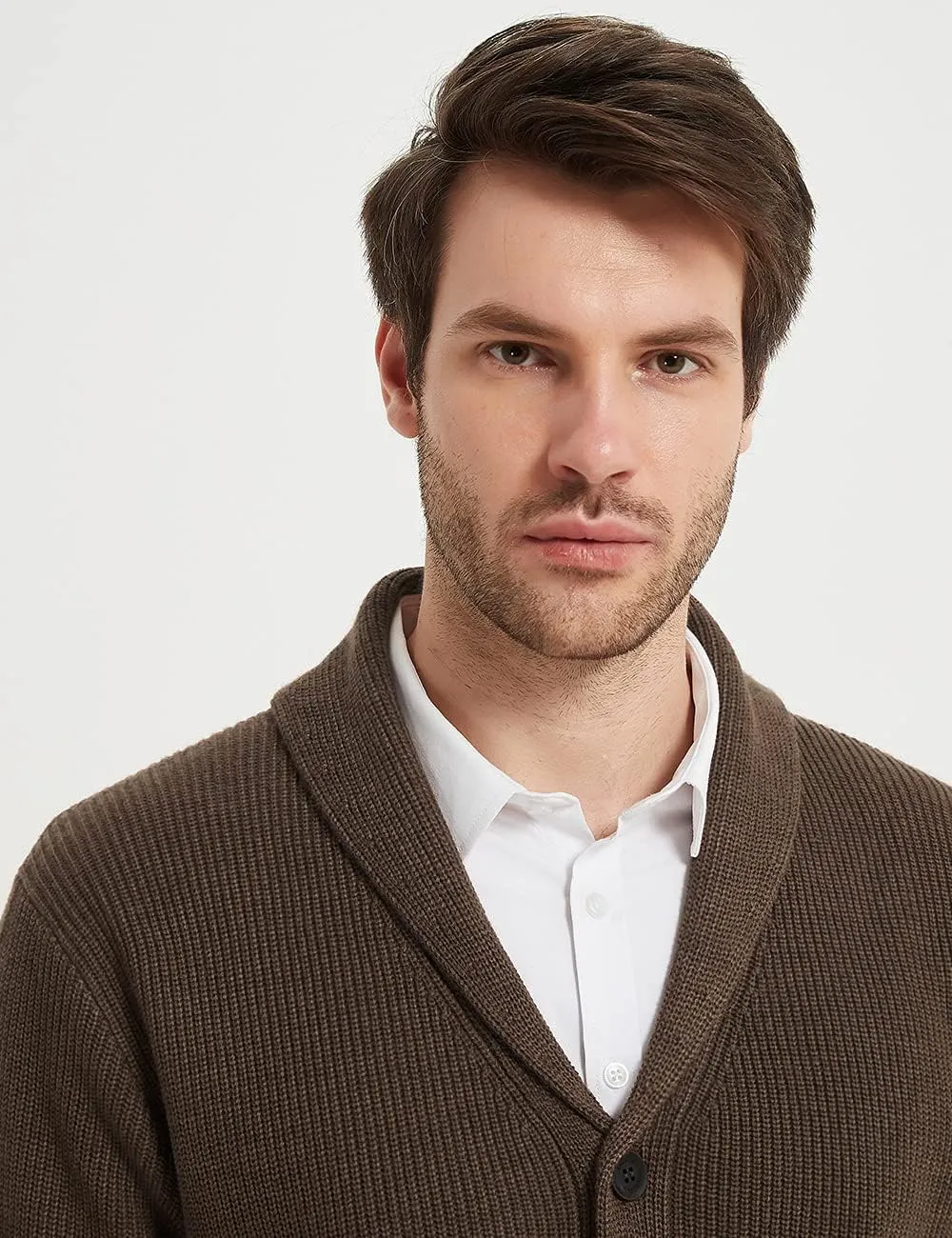 Kallspin Men's Wool Blend Shawl Collar Cardigan Sweater Button Down Knitwear with Pockets