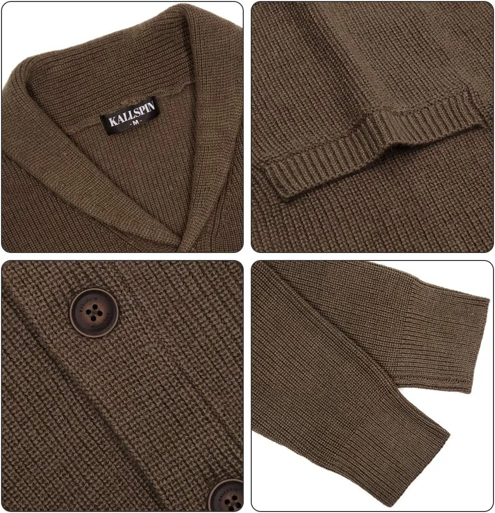 Kallspin Men's Wool Blend Shawl Collar Cardigan Sweater Button Down Knitwear with Pockets