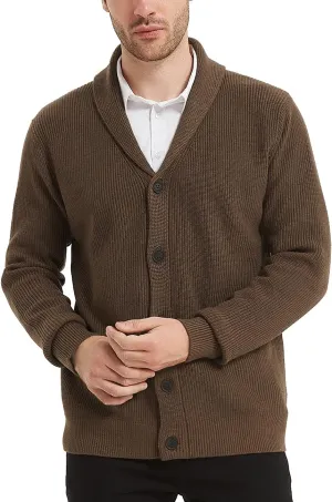Kallspin Men's Wool Blend Shawl Collar Cardigan Sweater Button Down Knitwear with Pockets