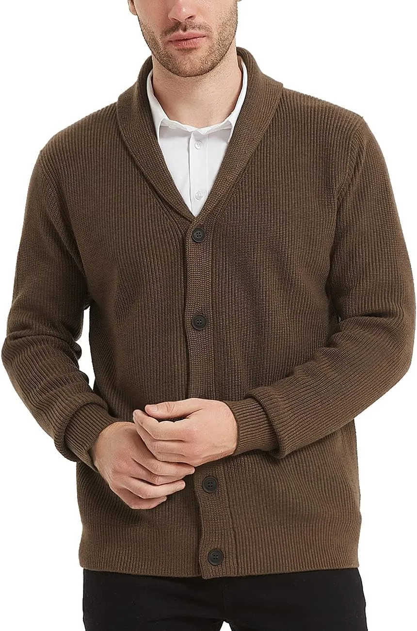 Kallspin Men's Wool Blend Shawl Collar Cardigan Sweater Button Down Knitwear with Pockets