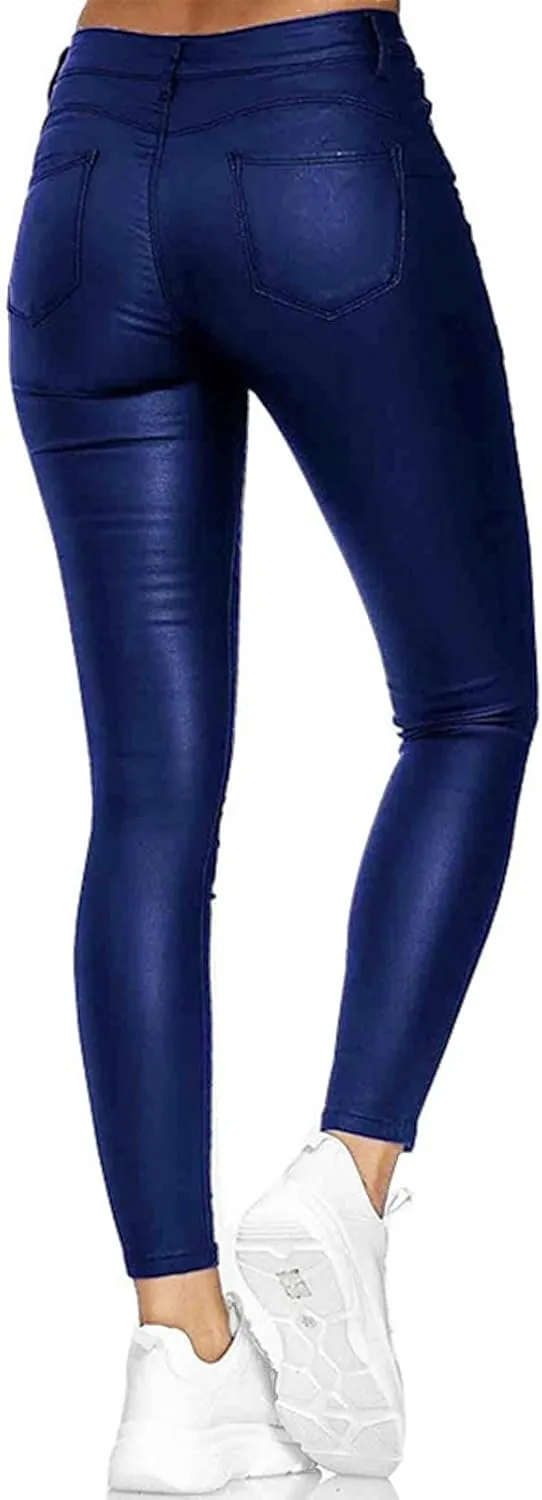 Leggings for Women Faux Leather Yoga Pants High Waisted Tight Button Trousers Skinny Stretch PU Pants with Pockets