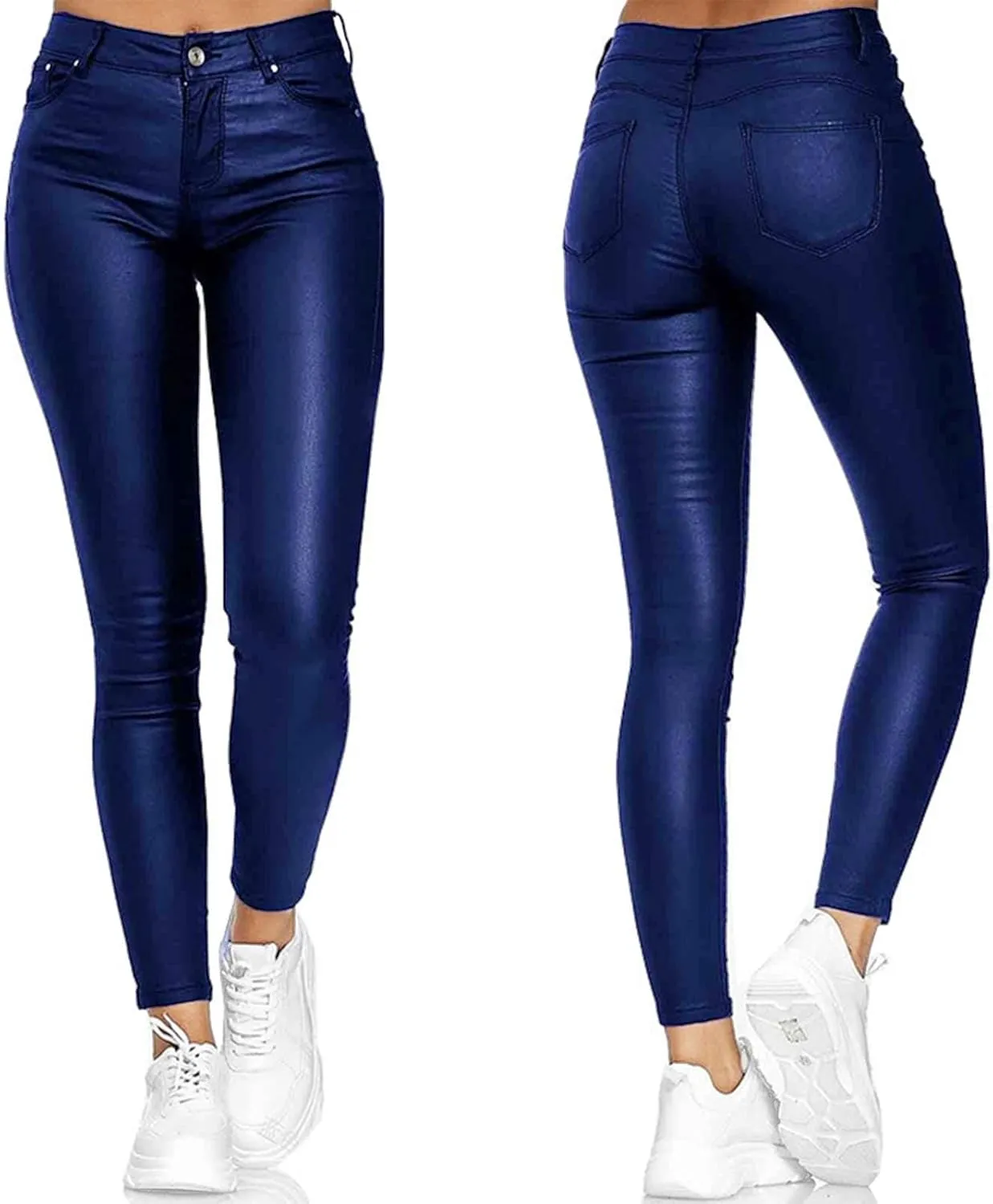 Leggings for Women Faux Leather Yoga Pants High Waisted Tight Button Trousers Skinny Stretch PU Pants with Pockets