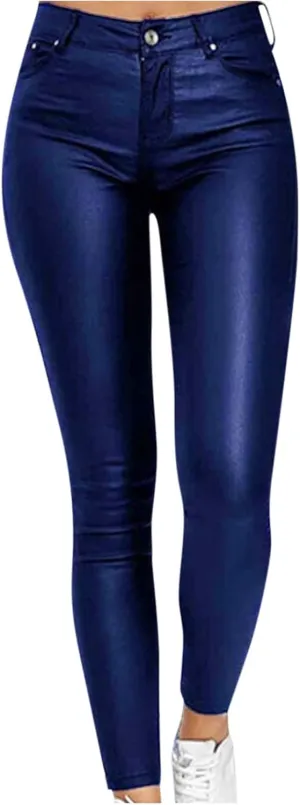 Leggings for Women Faux Leather Yoga Pants High Waisted Tight Button Trousers Skinny Stretch PU Pants with Pockets