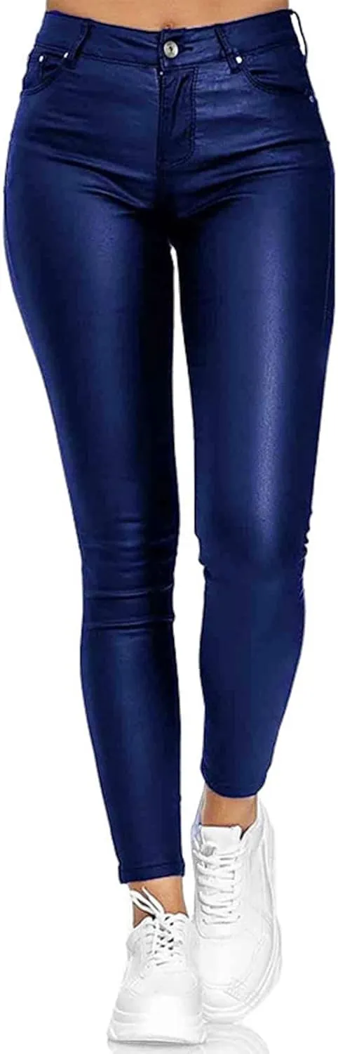 Leggings for Women Faux Leather Yoga Pants High Waisted Tight Button Trousers Skinny Stretch PU Pants with Pockets