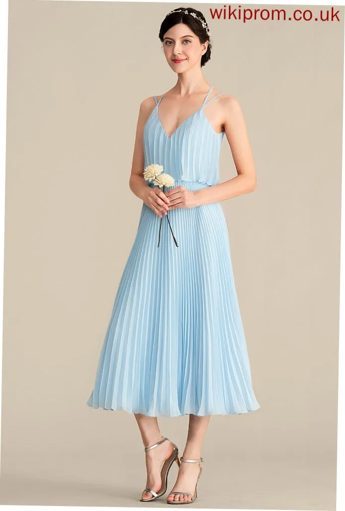 Length Silhouette Fabric Neckline Embellishment Tea-Length A-Line Pleated V-neck Serenity Bridesmaid Dresses