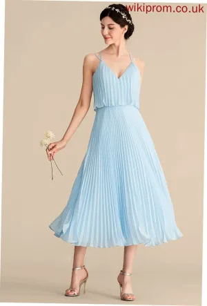 Length Silhouette Fabric Neckline Embellishment Tea-Length A-Line Pleated V-neck Serenity Bridesmaid Dresses