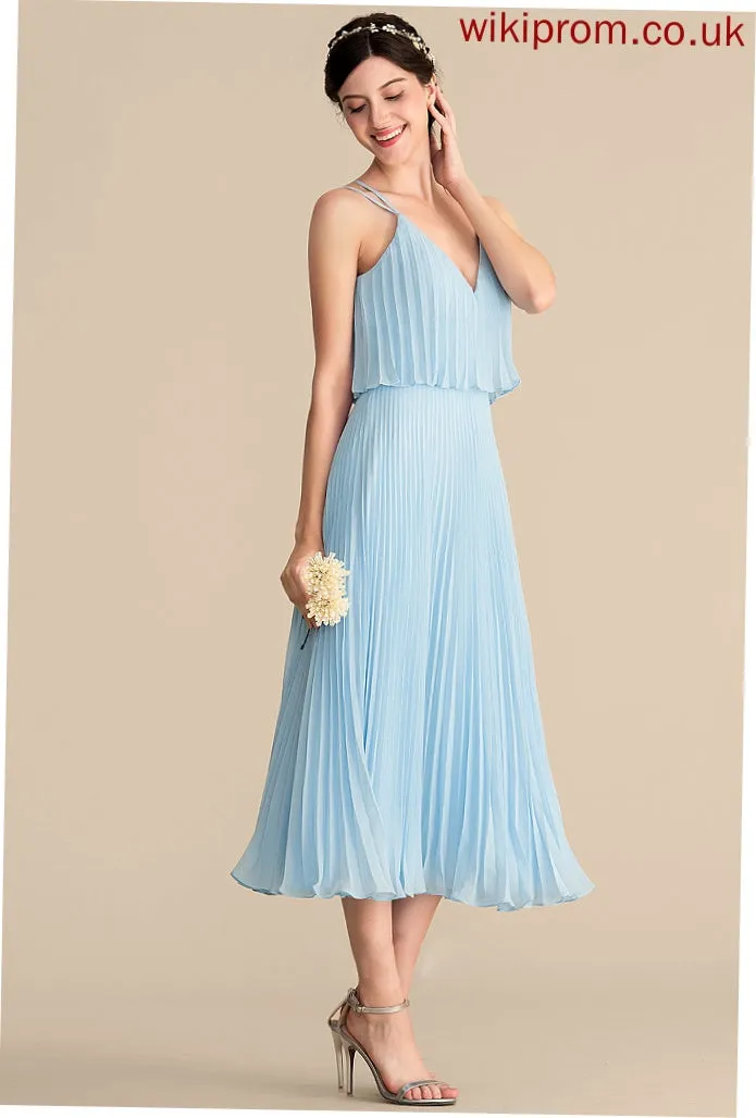 Length Silhouette Fabric Neckline Embellishment Tea-Length A-Line Pleated V-neck Serenity Bridesmaid Dresses