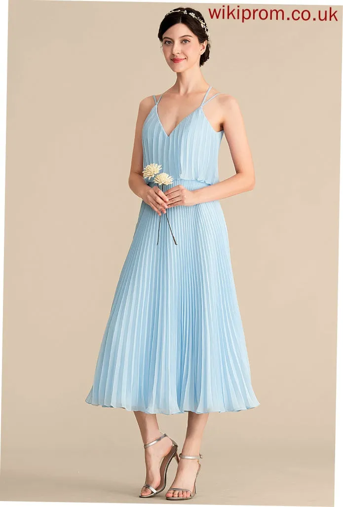 Length Silhouette Fabric Neckline Embellishment Tea-Length A-Line Pleated V-neck Serenity Bridesmaid Dresses