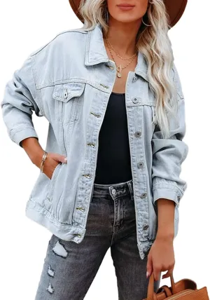LifeShe Women's Oversized Denim Jacket Boyfriend Distressed Trucker Jean Jacket Coat