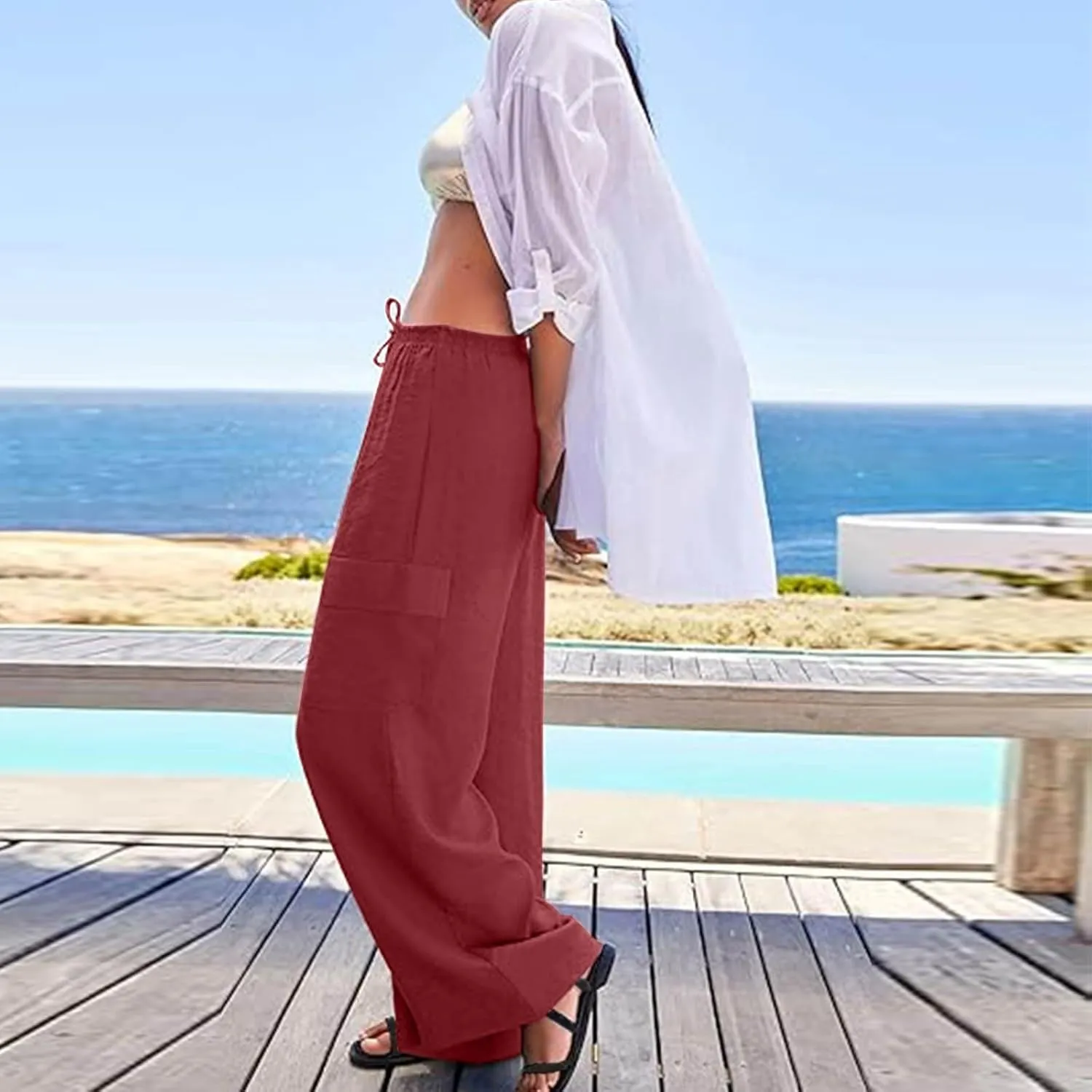 Linen Cargo Pants Women Summer Hiking Elastic High Waisted Wide Leg Trouser Beach Asual Baggy Palazzo Pants with Pockets