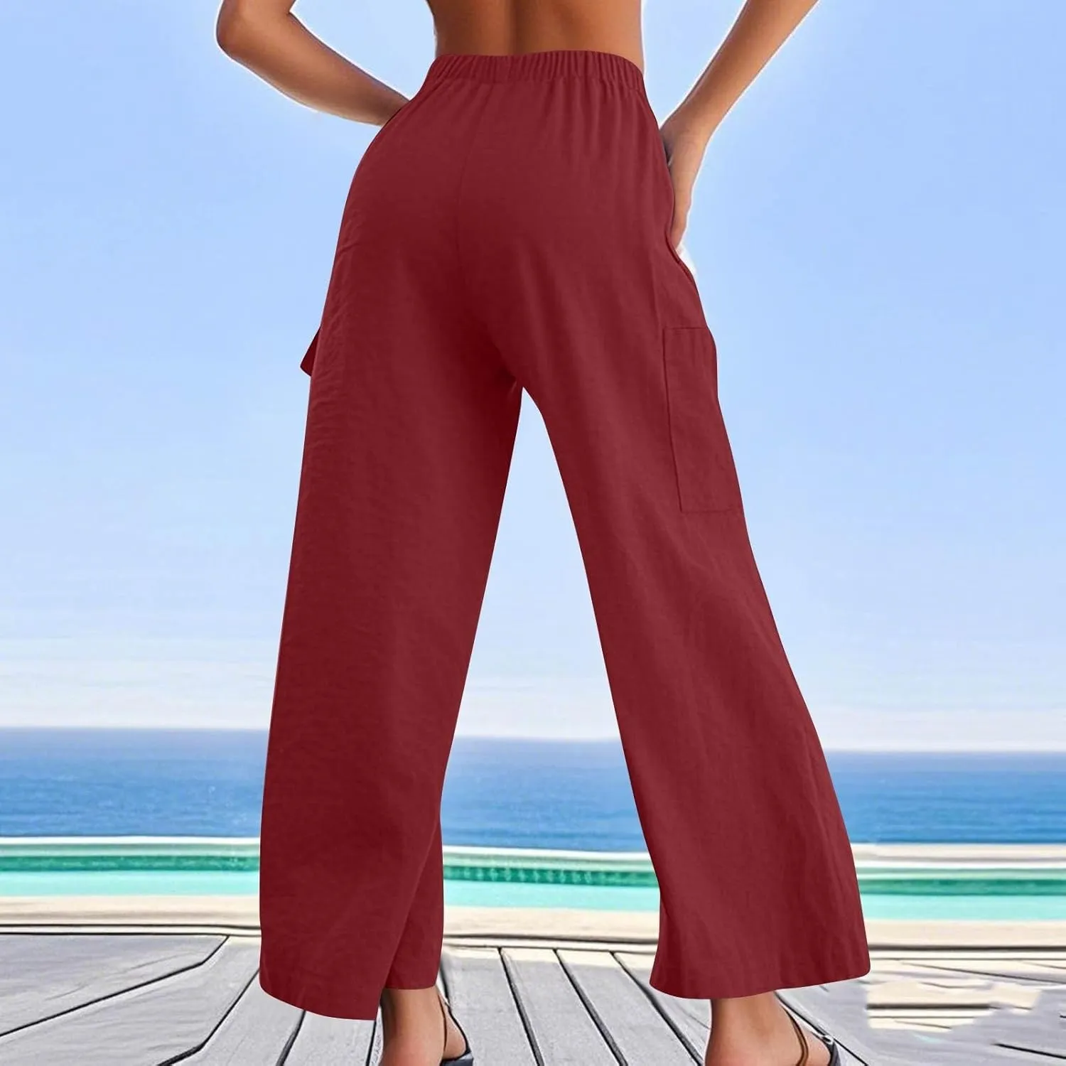Linen Cargo Pants Women Summer Hiking Elastic High Waisted Wide Leg Trouser Beach Asual Baggy Palazzo Pants with Pockets