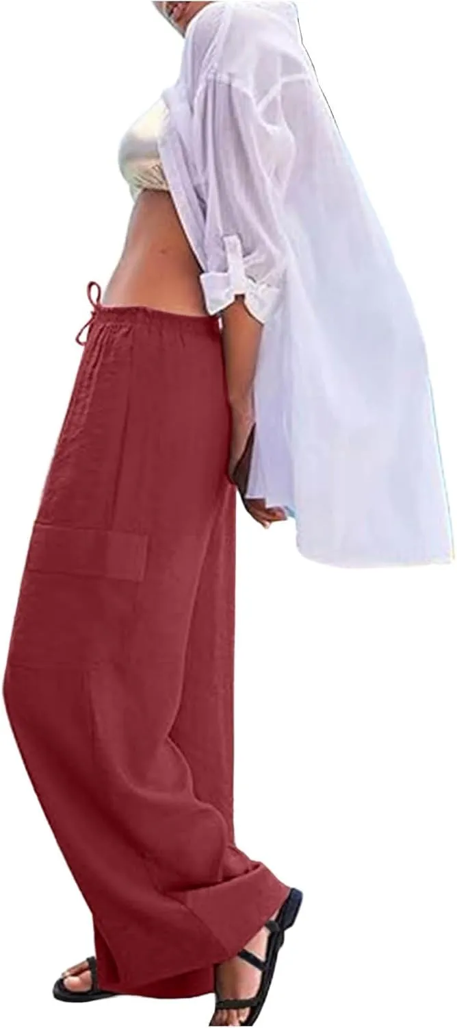 Linen Cargo Pants Women Summer Hiking Elastic High Waisted Wide Leg Trouser Beach Asual Baggy Palazzo Pants with Pockets