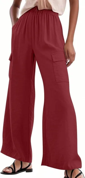 Linen Cargo Pants Women Summer Hiking Elastic High Waisted Wide Leg Trouser Beach Asual Baggy Palazzo Pants with Pockets