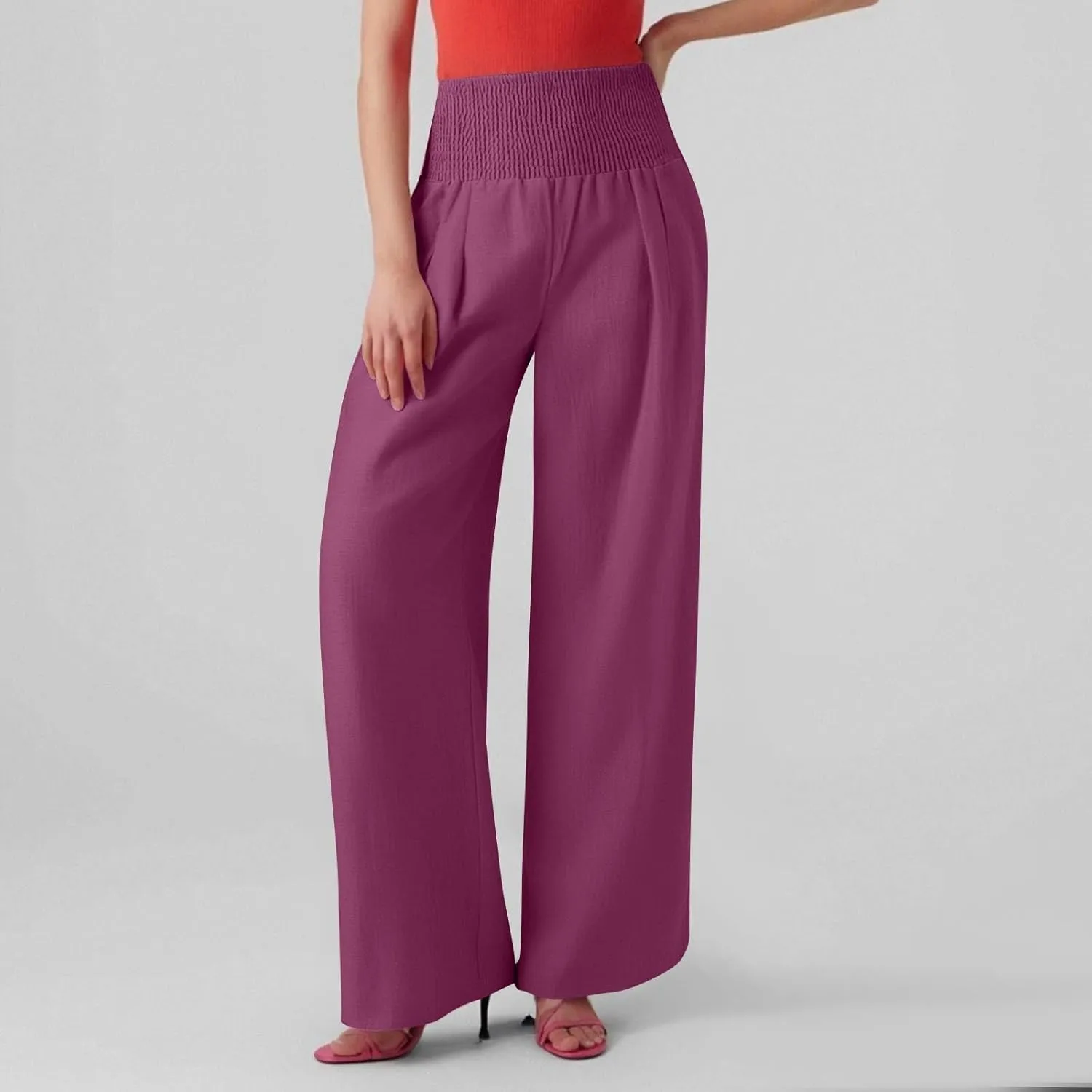 Linen Pants Women Summer High Waisted Palazzo Pants Pleated Lounge Pant Baggy Flowy Trousers with Pockets (S-XXL)