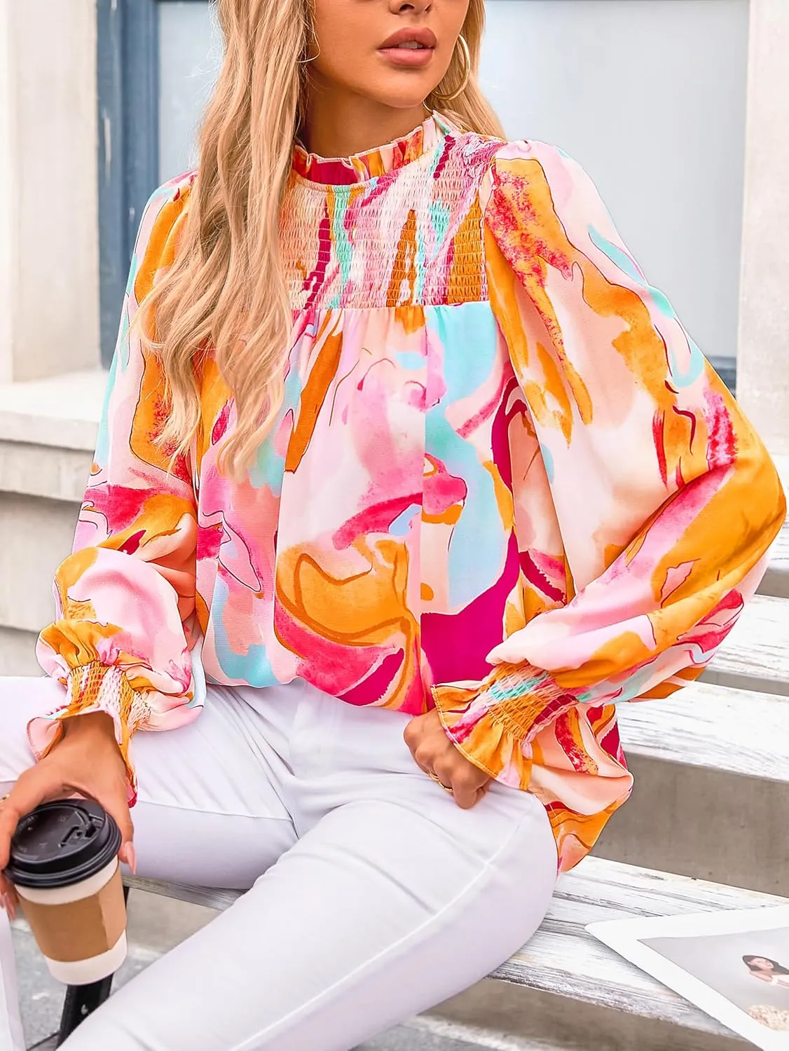 MASCOMODA Womens Blouses 2025 Spring Boho Floral Ruffle High Neck Long Sleeve Tops Dressy Casual Smocked Chiffon Work Shirts