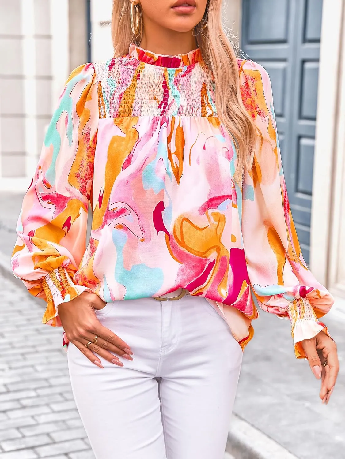 MASCOMODA Womens Blouses 2025 Spring Boho Floral Ruffle High Neck Long Sleeve Tops Dressy Casual Smocked Chiffon Work Shirts