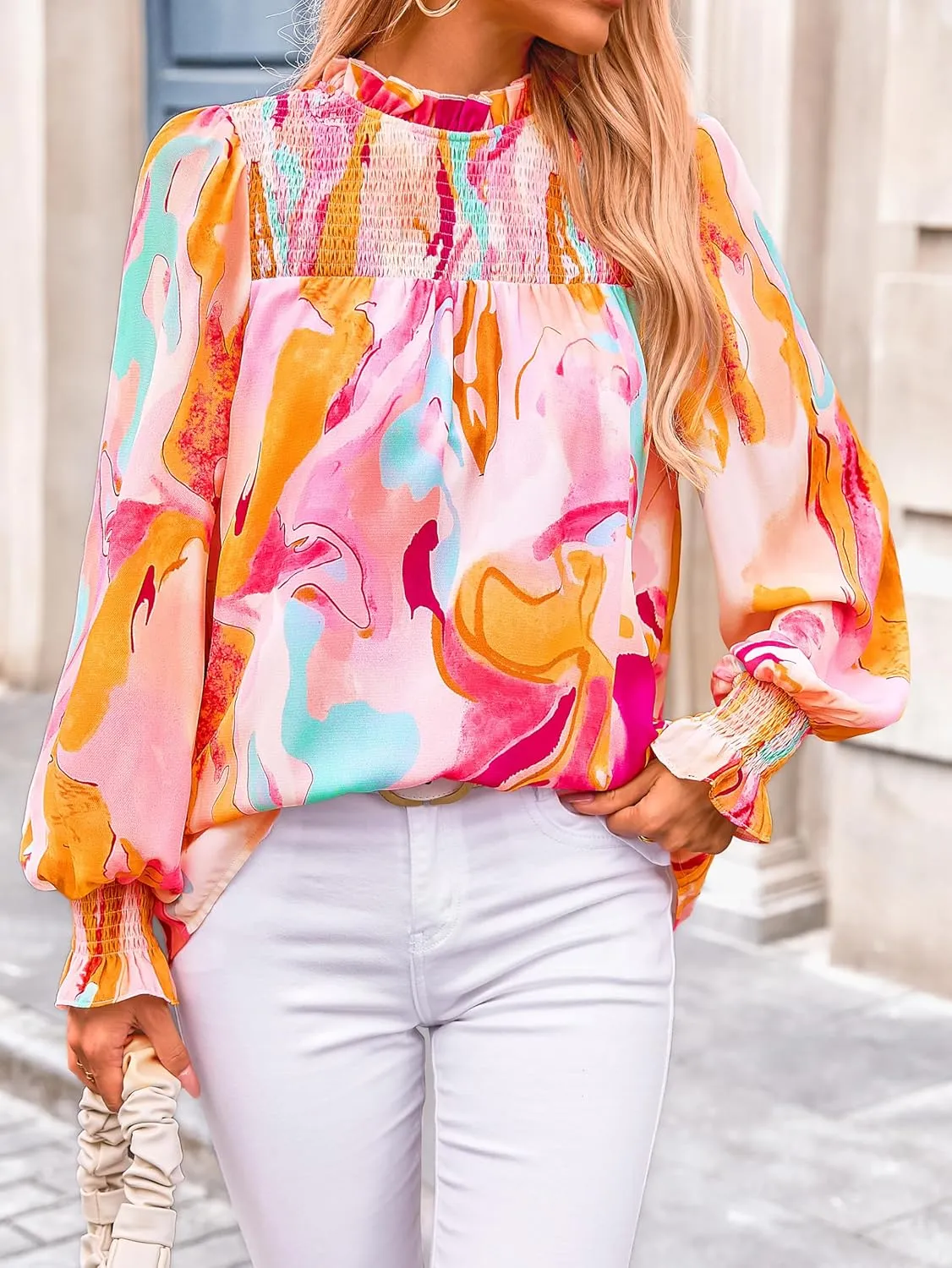 MASCOMODA Womens Blouses 2025 Spring Boho Floral Ruffle High Neck Long Sleeve Tops Dressy Casual Smocked Chiffon Work Shirts