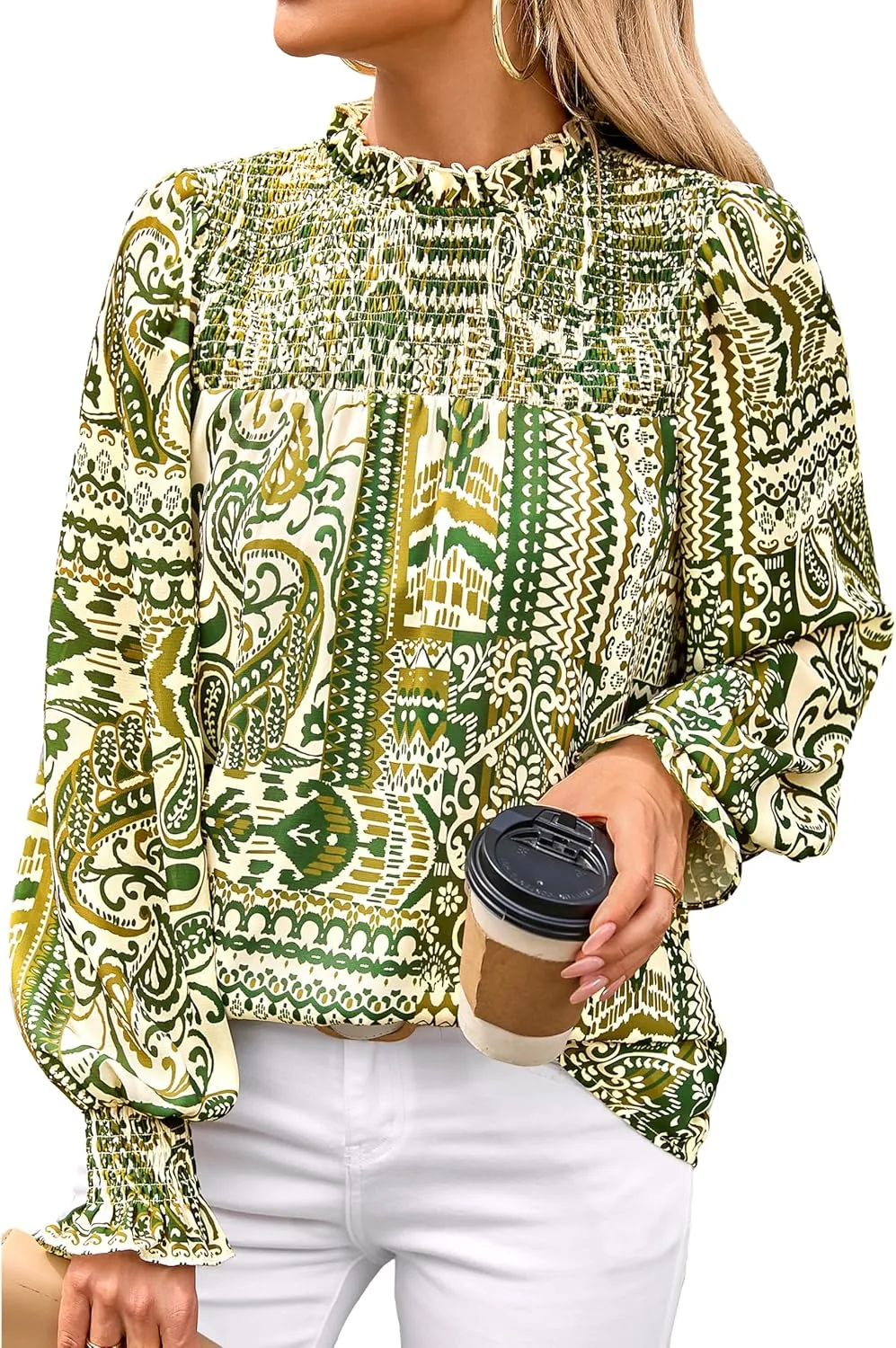 MASCOMODA Womens Blouses 2025 Spring Boho Floral Ruffle High Neck Long Sleeve Tops Dressy Casual Smocked Chiffon Work Shirts