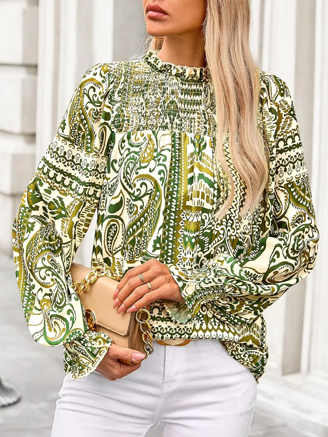 MASCOMODA Womens Blouses 2025 Spring Boho Floral Ruffle High Neck Long Sleeve Tops Dressy Casual Smocked Chiffon Work Shirts