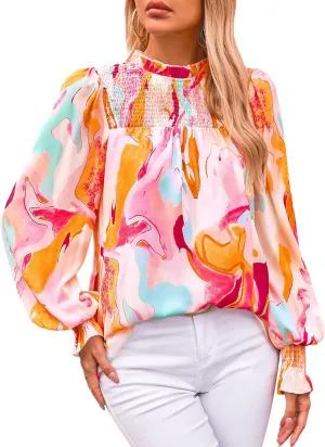 MASCOMODA Womens Blouses 2025 Spring Boho Floral Ruffle High Neck Long Sleeve Tops Dressy Casual Smocked Chiffon Work Shirts