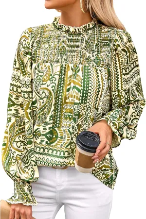 MASCOMODA Womens Blouses 2025 Spring Boho Floral Ruffle High Neck Long Sleeve Tops Dressy Casual Smocked Chiffon Work Shirts