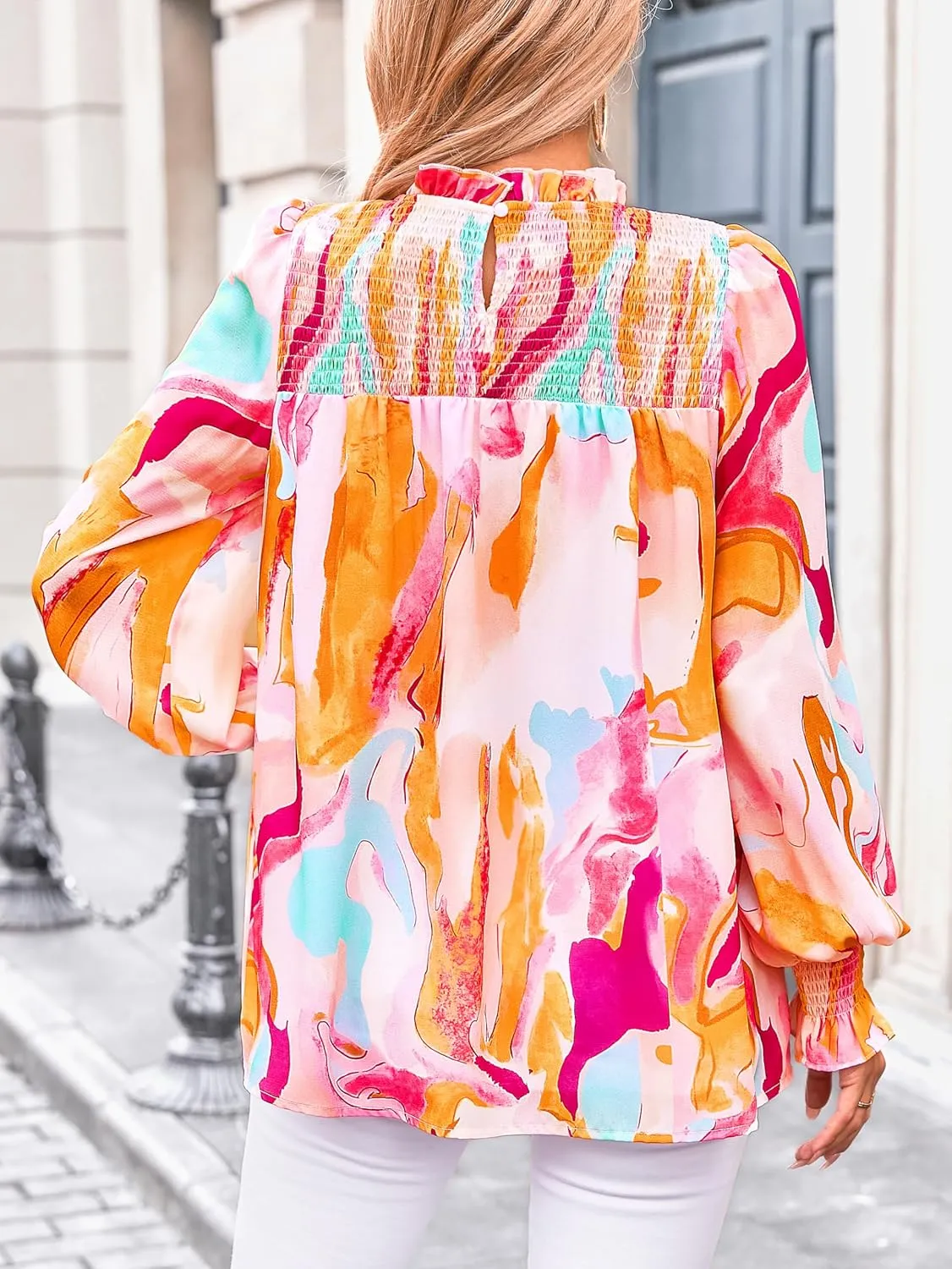 MASCOMODA Womens Blouses 2025 Spring Boho Floral Ruffle High Neck Long Sleeve Tops Dressy Casual Smocked Chiffon Work Shirts